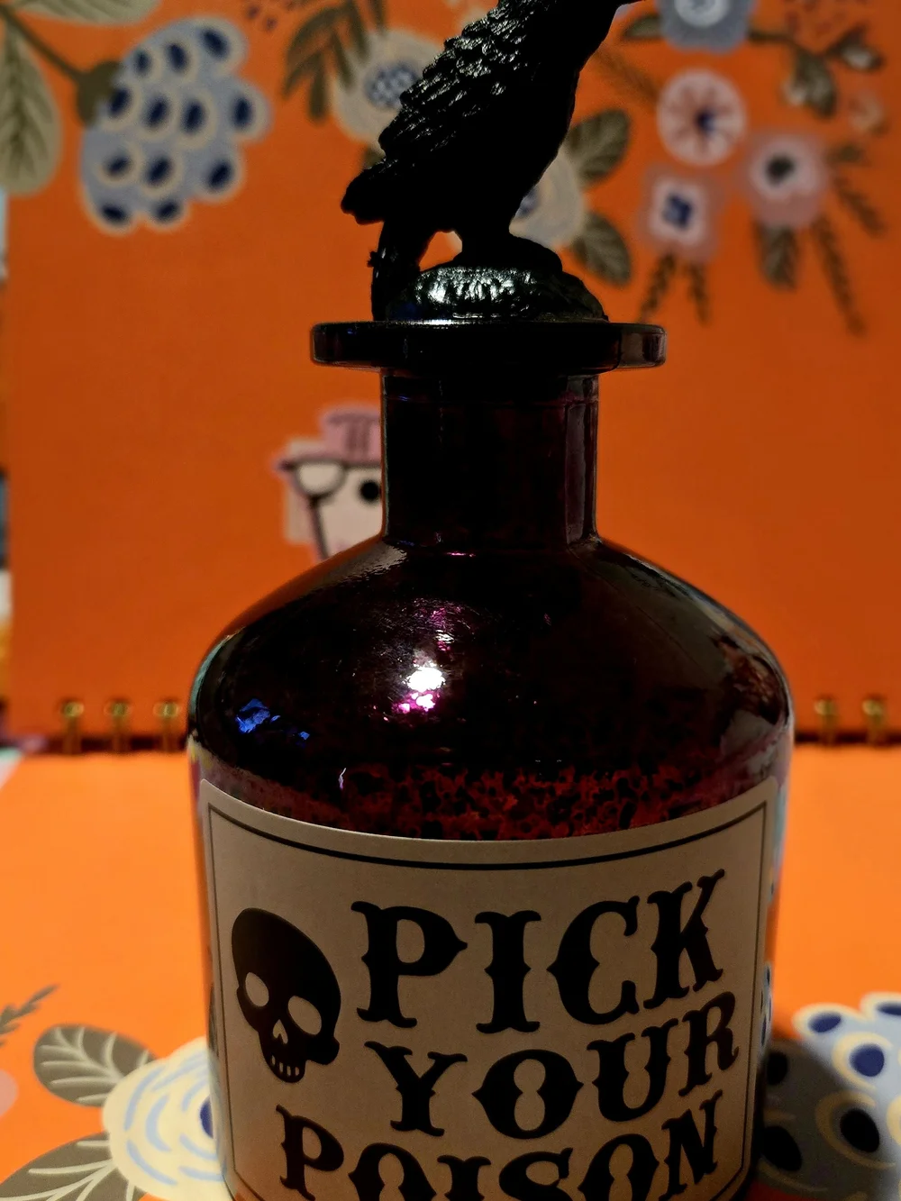 Vintage Style Glass Halloween Poison Bottle with Raven Stopper (14cm Decor) NWT